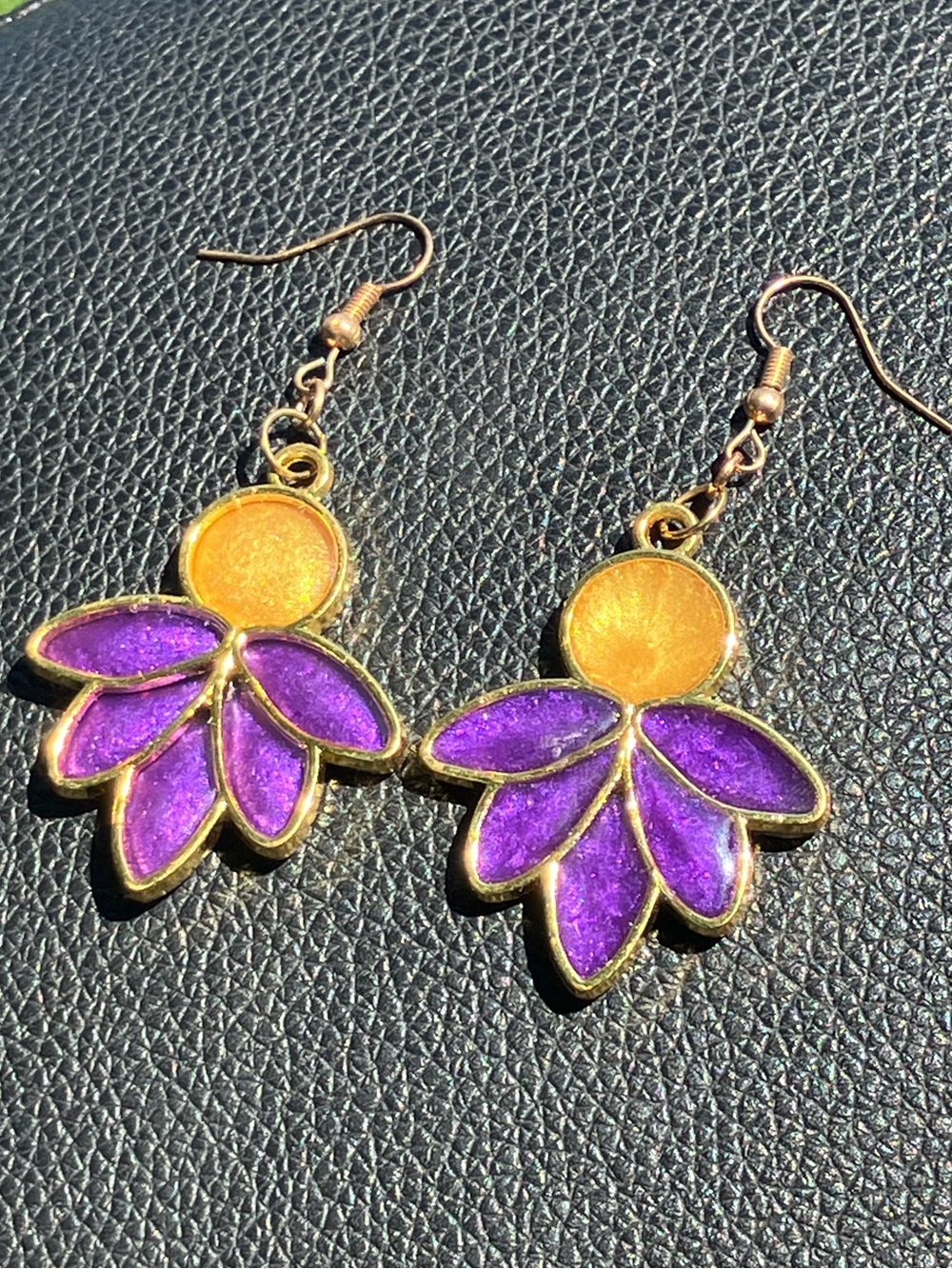 Purple and yellow/Gold Moon and lotus flower dangle earrings - Picture 3 of 6